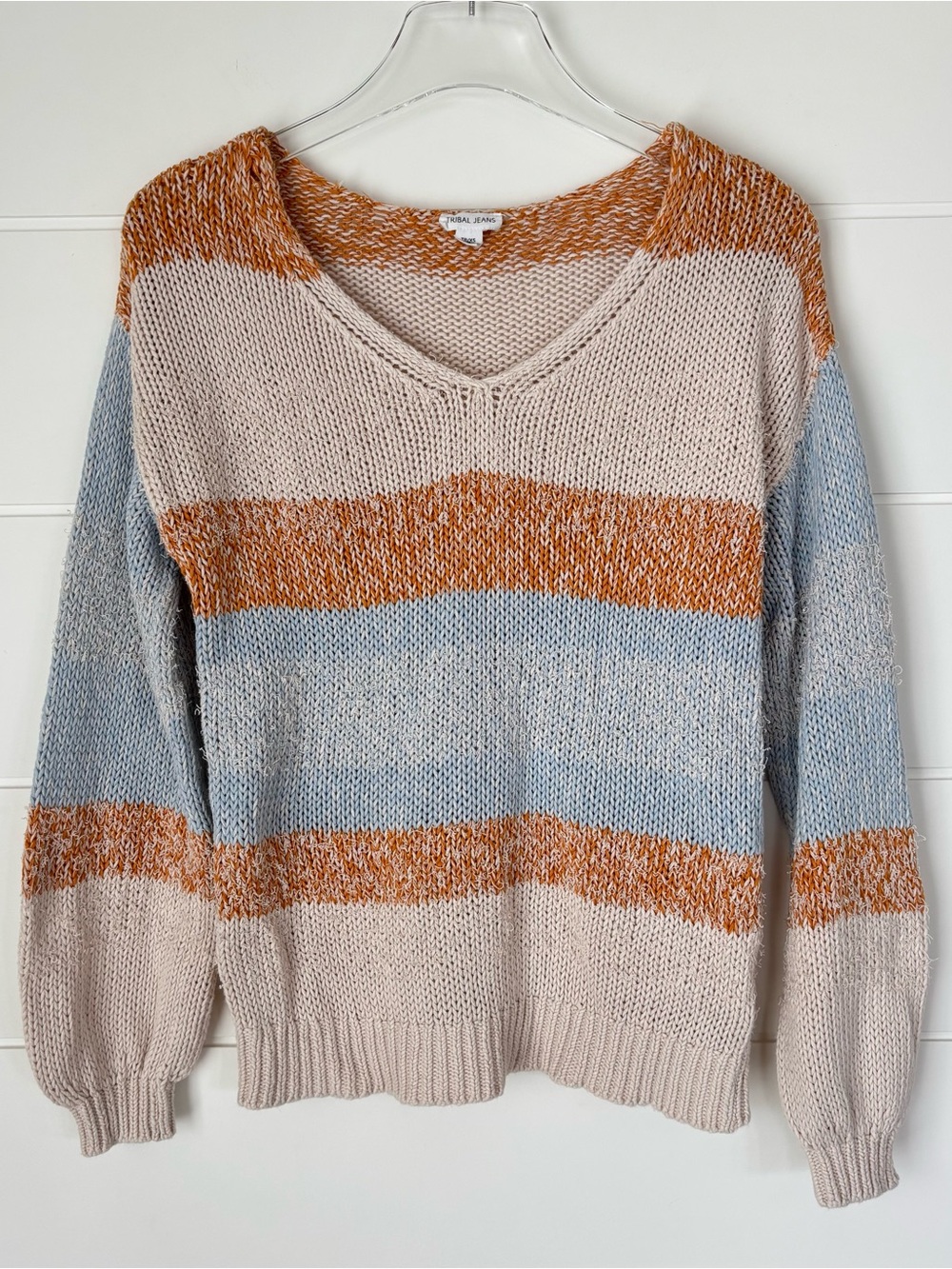 Tribal Jeans Striped V-Neck Oversized Women's Beachy Striped Sweater Size XS